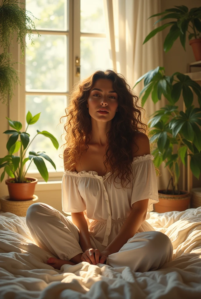 (photorealism:1.2), beautiful woman, sitting on bed, wearing loose off-shoulder top, pajama pants, long curly hair, indoors, soft lighting, plants in background, window with sunlight, cozy room, relaxed pose, realistic, intricate details, warm colors, by Greg Rutkowski, by Alphonse Mucha