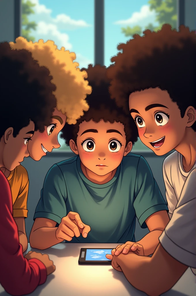 Male hair Afro anime characters on the table looking at screen