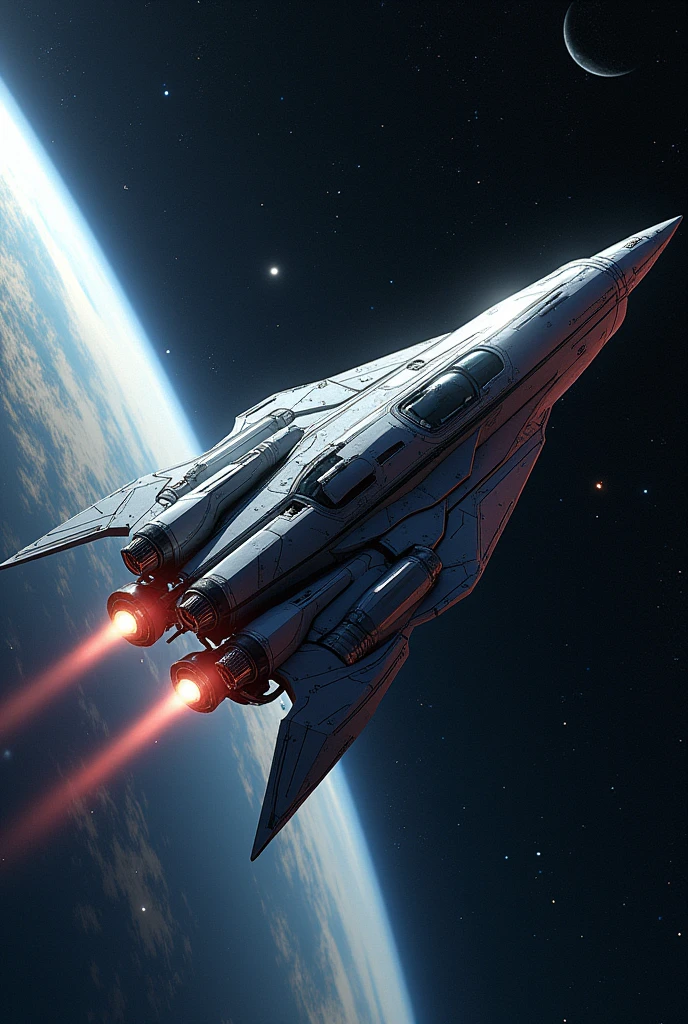 Spaceship drawing based on a lip liner drawing tilted diagonally downwards and looking turned diagonally to the right
