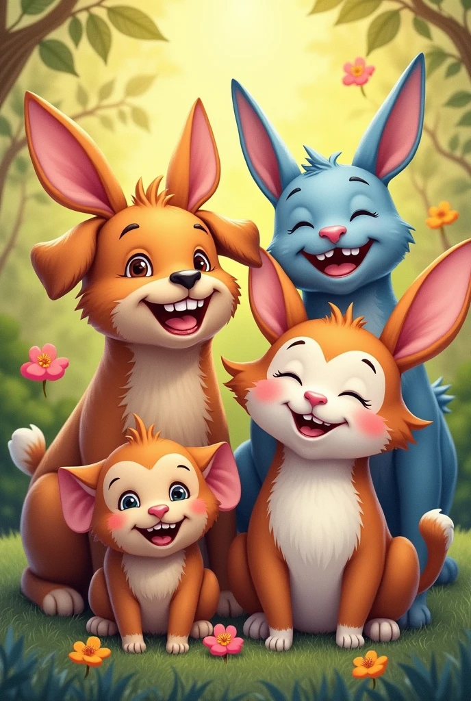 Create a whimsical and joyful painting featuring a variety of animals with big, friendly smiles. Include animals such as a smiling dog, a grinning cat, a cheerful rabbit, and a happy monkey, all depicted with exaggerated, cartoon-like expressions. The animals should be set against a bright and colorful background, perhaps a lively forest or a playful meadow, with soft, rounded shapes and vibrant colors to create a fun, inviting atmosphere. The overall composition should exude warmth, happiness, and playfulness, making it perfect for bringing a sense of comfort and joy to a dental clinic, especially in areas designed for children