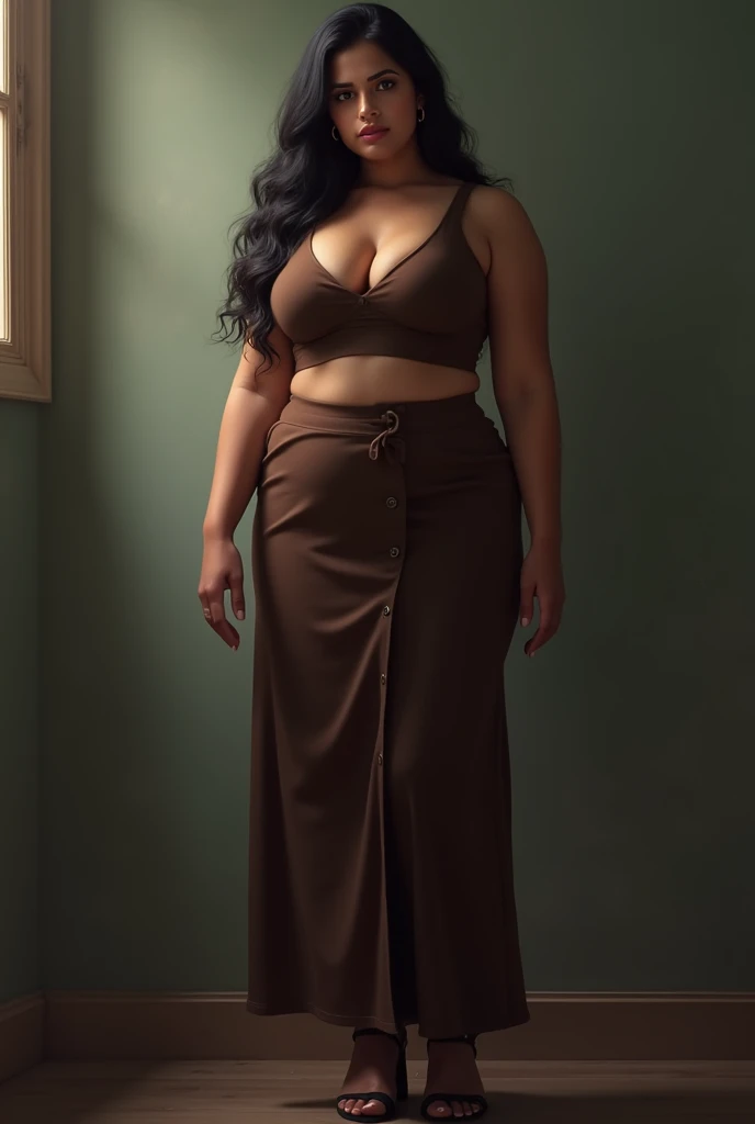 Chubbu beautiful  curvy 18 year old indian girl standing, no makeup, sad expression,, full body till feet , ankle strap heels, high waist long skirt, croptop, clevage,, cuddle wit a boy