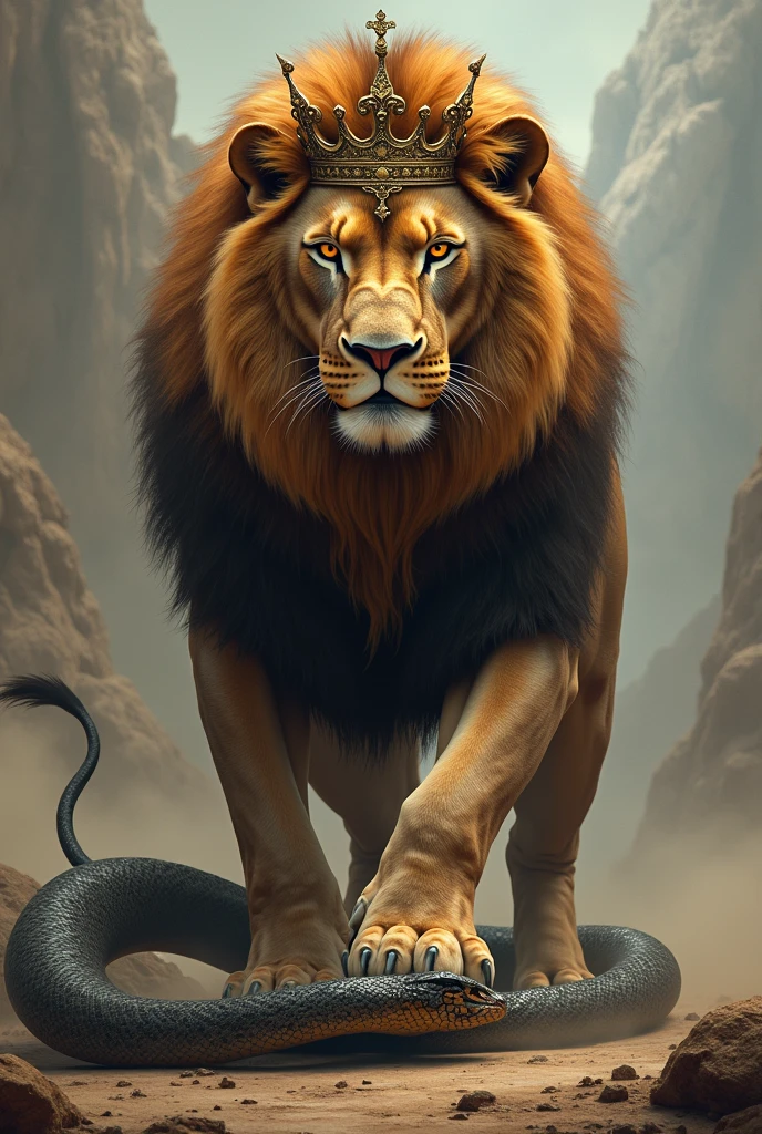 Very strong lion with crown on his head stepping on the head of a snake
