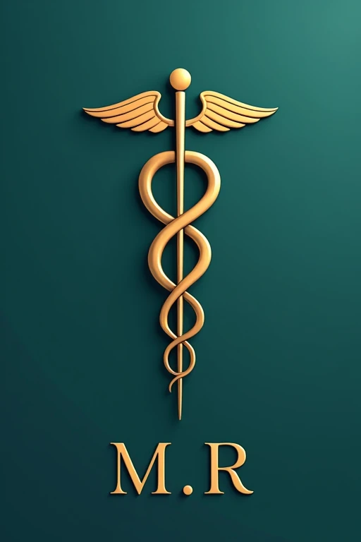 Make me a logo with a minimalist and elegant approach. In the middle, the Cabo San Lucas arch symbol, represented by two stylized snakes that gracefully coil around a slender, polished staff. The staff is golden, radiating a sense of luxury and distinction. The background is a soft shade of navy blue or emerald green, evoking tranquility and health. The serpent lines are thin and silver, complementing the staff and adding a modern and sophisticated touch. Below the symbol, The name M is written.R is written in an elegant serif font, also in gold, to harmonize with the staff. The typography has a classic but modern style, projecting confidence and professionalism. On the whole, the logo communicates a feeling of well-being, high quality and exclusive medical care, ideal for a medical spa. I want it in 3D
