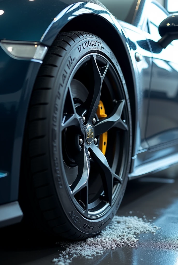Rim and Tire Detailing:
Prompt: A detailed image focusing on the wheels of a high-end car, showing the process of decontaminating and polishing the rims. The tires should also be cleaned and conditioned, with the overall effect making the wheels look brand new. The image should emphasize the attention to detail, with the rims sparkling under bright lighting.