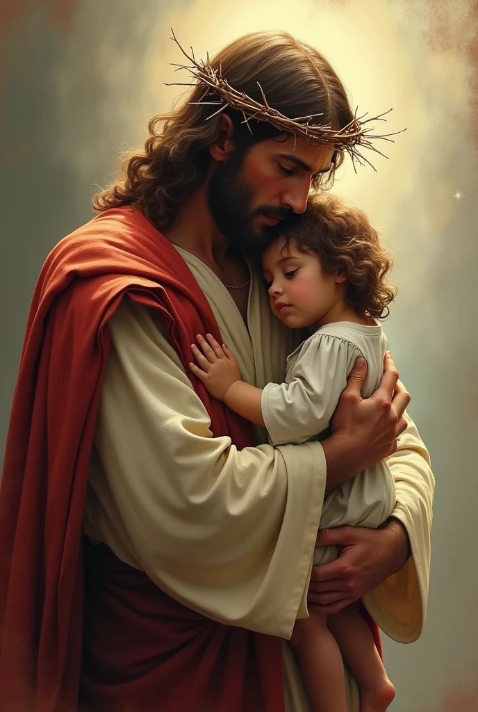 "Create an image of Jesus Christ wearing a crown of thorns, embracing a child with tenderness and compassion. Jesus should be dressed in a traditional robe and cloak, and the child should appear warm and safe in his arms. The background should be soft and tranquil, reflecting an environment of peace and love, with soft lighting that highlights the emotional connection between them."