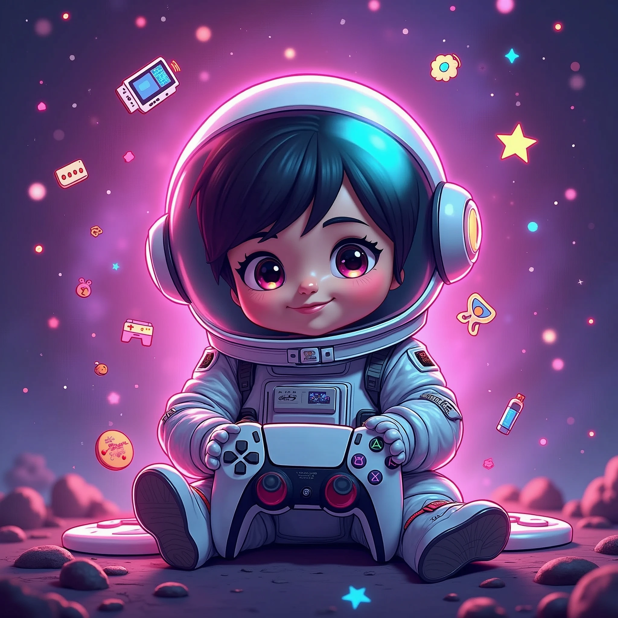 little human Gaming streamers astronaut Avatar playing games sitting pose holding gaming console with ps6 surrounded by games doodles with a purple gradient galaxy background.