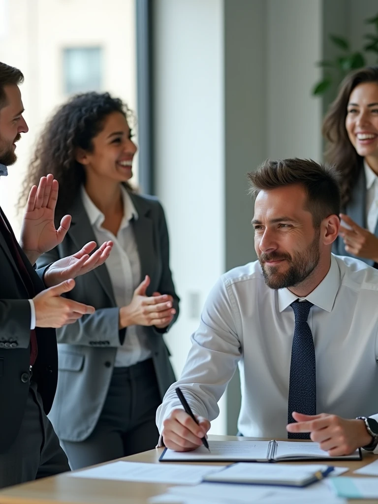 make 3 different graphs , Graphic 1 person requesting advice with two advisors , Graphic 2: Person reviewing a document , Graphic 3: Happy person with a new deal