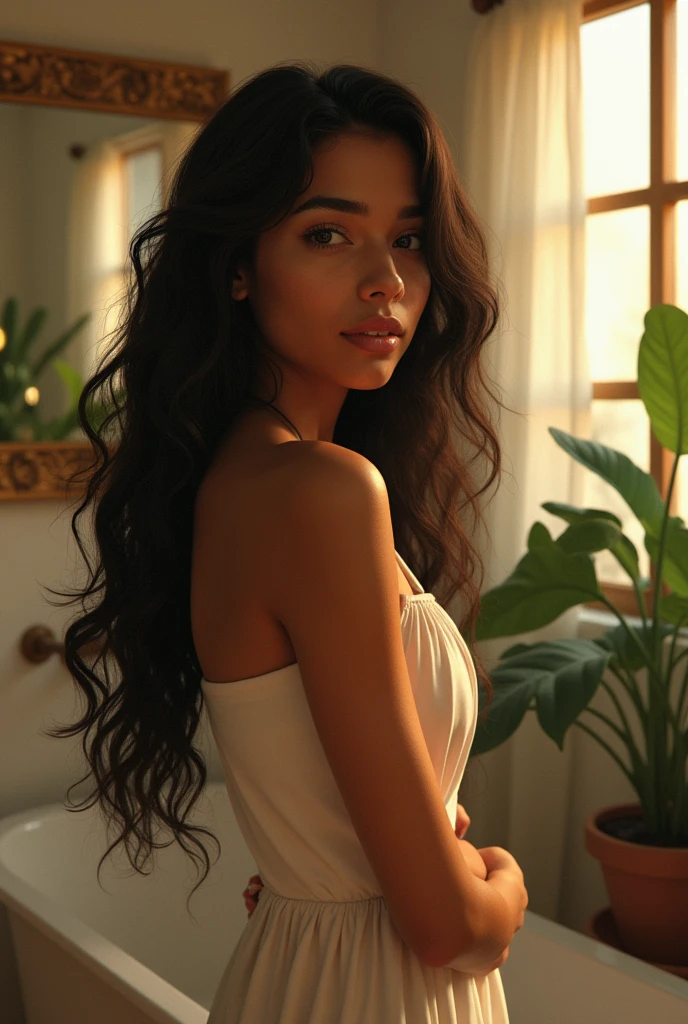 (photorealism:1.2), beautiful Indian 17 age girl , standing on Indian bathroom,without clothes , long curly hair, indoors, soft lighting, plants in background, window with sunlight, cozy room, relaxed pose, realistic, intricate details, warm colors, by Greg Rutkowski, by Alphonse Mucha,mouthopen,hands on hairs