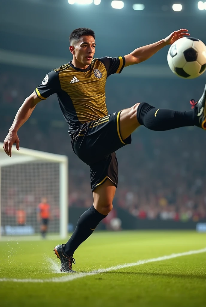 Make me a golden dunks player with a black and gold uniform scoring a bicycle kick goal in soccer