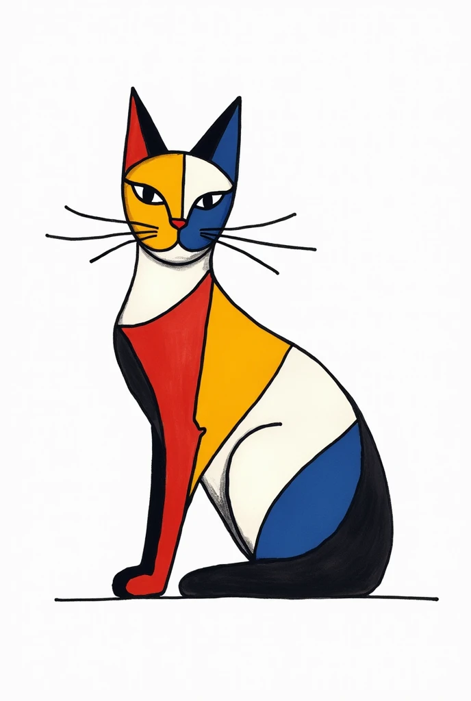 a hand drawn two colored cat on a white background in the style of Pieter Mondriaan