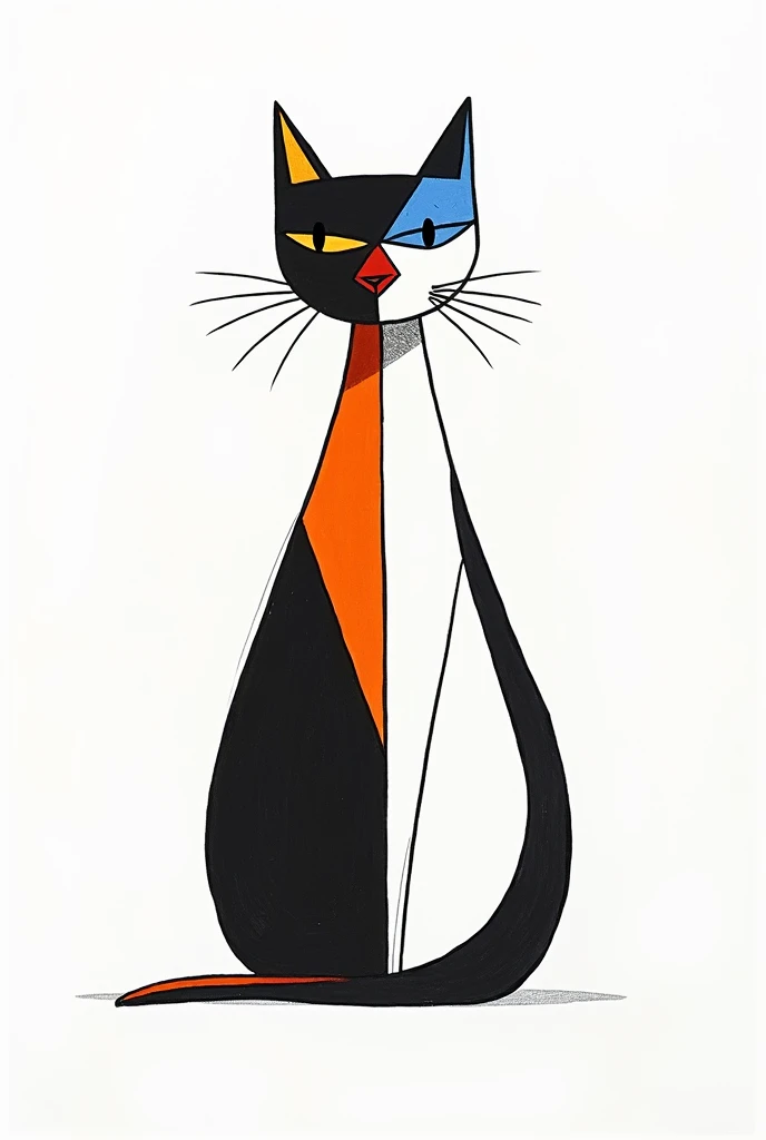 a hand drawn two colored cat on a white background in the style of Pieter Mondriaan