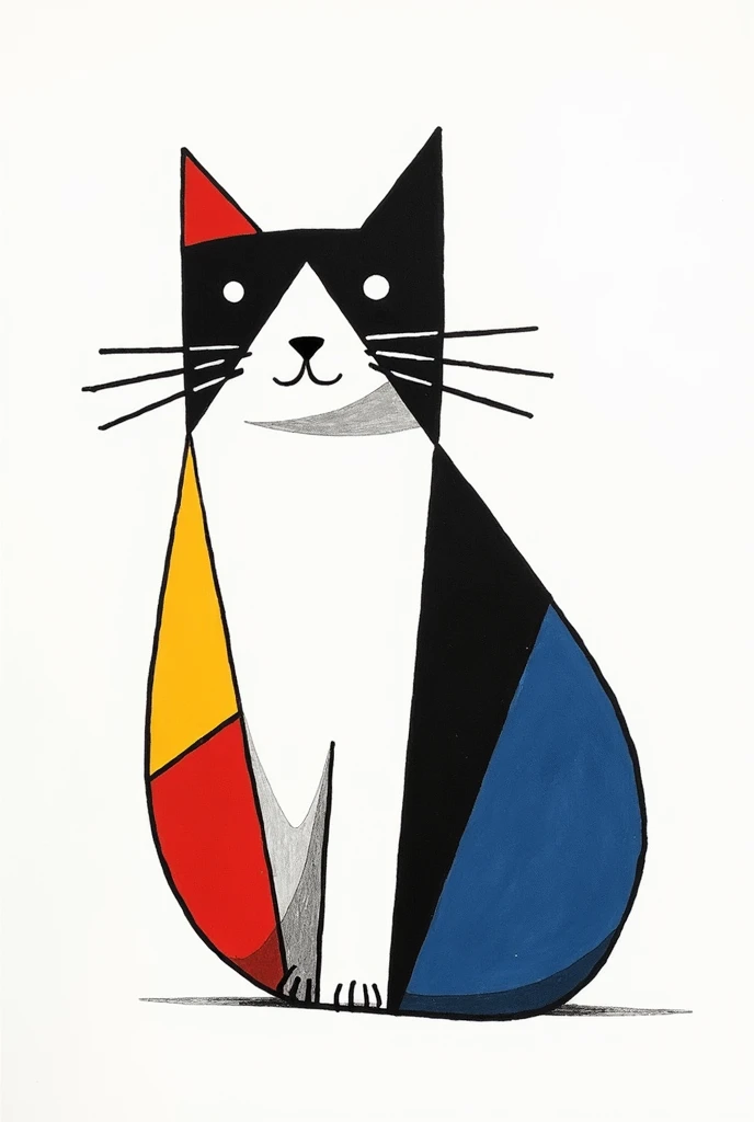 a hand drawn two colored cat on a white background in the style of Pieter Mondriaan