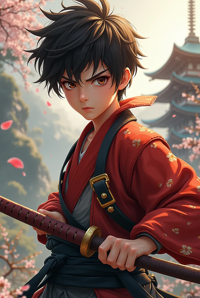 Anime samurai ager boy with brown hair