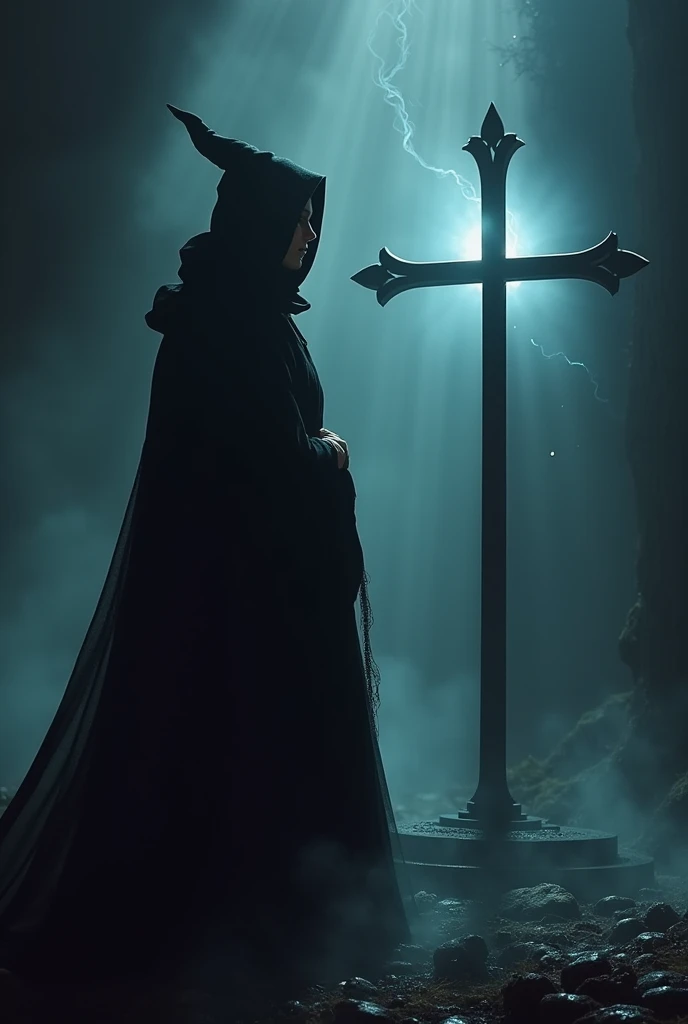 Profile silhouette of a witch performing a ritual with a cross