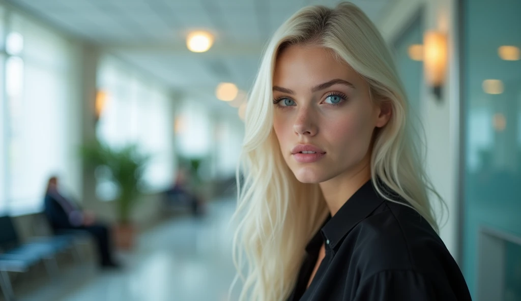 Real professional photography of a beautiful young adult woman, aged 35, with herself as the main subject. She should have fair, almost pale skin with a slight blush on her cheeks, long, straight platinum blonde hair and bright, expressive blue eyes that convey friendliness. Her lips should be pink and slightly defined. The woman should be looking directly at the camera, with a serious and thoughtful expression. She is wearing a black blouse, made of fine, elegant fabric, which contrasts with her hair and fair skin. The lighting should be natural, soft and lateral, evenly illuminating the man's face and creating subtle shadows. The background should be blurred to suggest a hospital waiting room, adding depth to the image. Items such as chairs, ordinary people, potted plants, lamps lit in a bokeh effect and whatever else makes up a hospital waiting room should be present, but blurred so as not to distract the woman's attention. Use a cool, artificial color palette, with soft, diffused lighting. The photograph should capture extreme detail, with a high-quality rendering in 8k, with professional photographic quality. The image must be high resolution with attention to detail and realism.