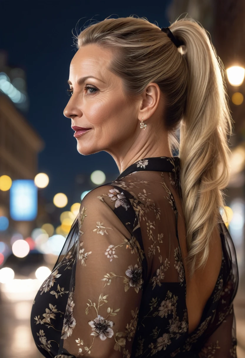Close-up, 8K quality, realistic image of a beautiful 45 year old European woman with long blonde hair tied back in a ponytail. She had a curvy body with slightly larger breasts and was wearing a black floral patterned blouse and a short skirt. He stood in the city at night, with the soft city lights illuminating him. The background features city buildings, street lights, and a lively night scene, highlighting its calm and elegant presence in the urban environment.