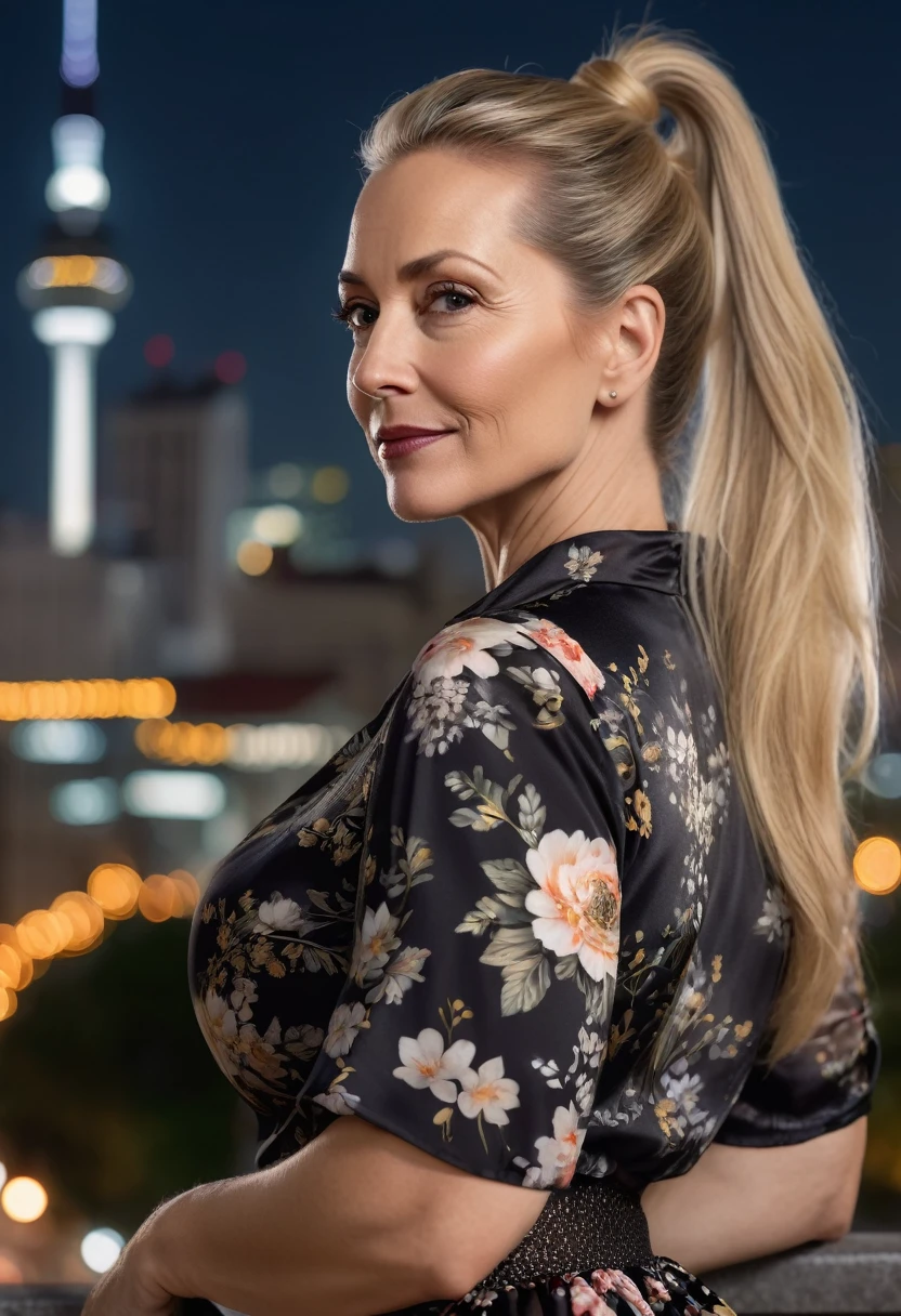 Close-up, 8K quality, realistic image of a beautiful 45 year old European woman with long blonde hair tied back in a ponytail. She had a curvy body with slightly larger breasts and was wearing a black floral patterned blouse and a short skirt. He stood in the city at night, with the soft city lights illuminating him. The background features city buildings, street lights, and a lively night scene, highlighting its calm and elegant presence in the urban environment.