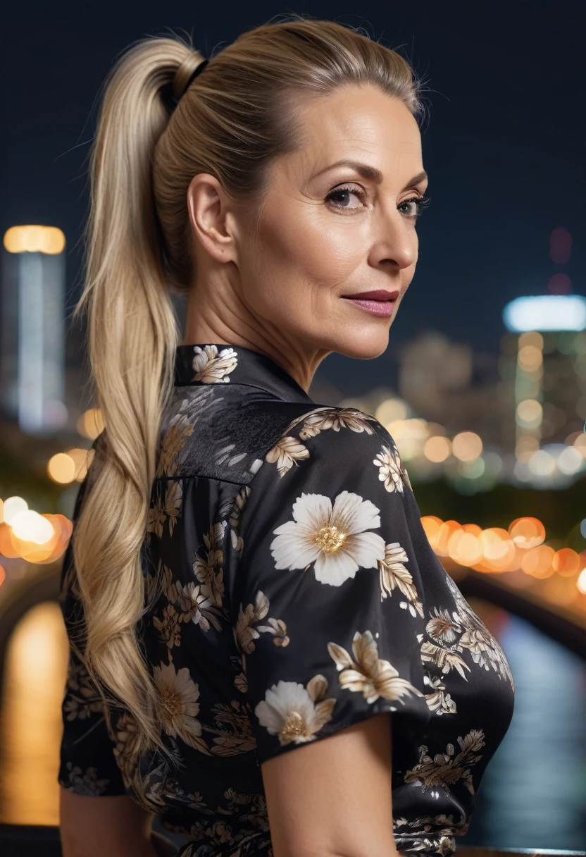 Close-up, 8K quality, realistic image of a beautiful 45 year old European woman with long blonde hair tied back in a ponytail. She had a curvy body with slightly larger breasts and was wearing a black floral patterned blouse and a short skirt. He stood in the city at night, with the soft city lights illuminating him. The background features city buildings, street lights, and a lively night scene, highlighting its calm and elegant presence in the urban environment.