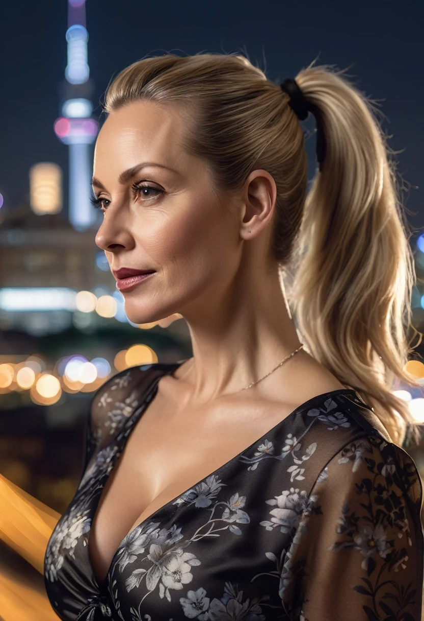 Close-up, 8K quality, realistic image of a beautiful 45 year old European woman with long blonde hair tied back in a ponytail. She had a curvy body with slightly larger breasts and was wearing a black floral patterned blouse and a short skirt. He stood in the city at night, with the soft city lights illuminating him. The background features city buildings, street lights, and a lively night scene, highlighting its calm and elegant presence in the urban environment.