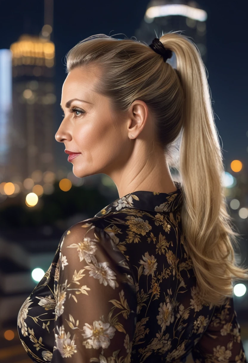 Close-up, 8K quality, realistic image of a beautiful 45 year old European woman with long blonde hair tied back in a ponytail. She had a curvy body with slightly larger breasts and was wearing a black floral patterned blouse and a short skirt. He stood in the city at night, with the soft city lights illuminating him. The background features city buildings, street lights, and a lively night scene, highlighting its calm and elegant presence in the urban environment.
