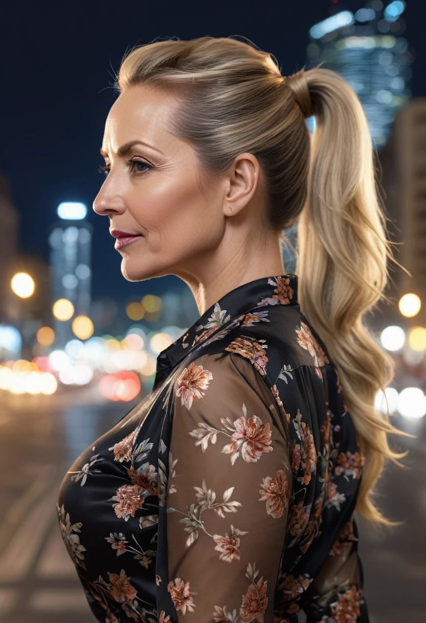 Close-up, 8K quality, realistic image of a beautiful 45 year old European woman with long blonde hair tied back in a ponytail. She had a curvy body with slightly larger breasts and was wearing a black floral patterned blouse and a short skirt. He stood in the city at night, with the soft city lights illuminating him. The background features city buildings, street lights, and a lively night scene, highlighting its calm and elegant presence in the urban environment.