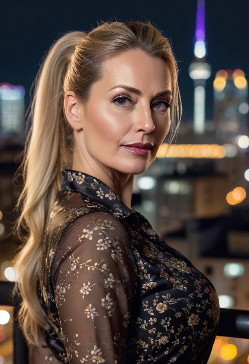 Close-up, 8K quality, realistic image of a beautiful 45 year old European woman with long blonde hair tied back in a ponytail. She had a curvy body with slightly larger breasts and was wearing a black floral patterned blouse and a short skirt. He stood in the city at night, with the soft city lights illuminating him. The background features city buildings, street lights, and a lively night scene, highlighting its calm and elegant presence in the urban environment.