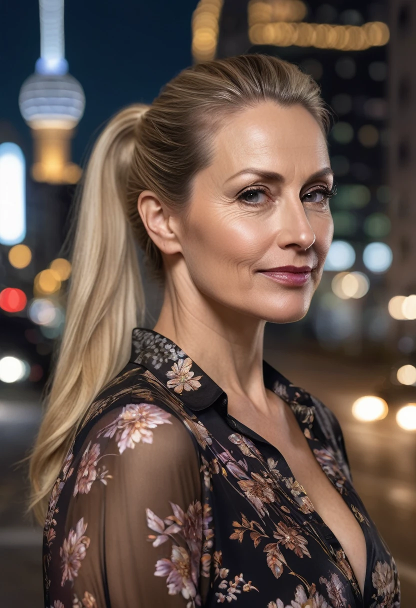 Close-up, 8K quality, realistic image of a beautiful 45 year old European woman with long blonde hair tied back in a ponytail. She had a curvy body with slightly larger breasts and was wearing a black floral patterned blouse and a short skirt. He stood in the city at night, with the soft city lights illuminating him. The background features city buildings, street lights, and a lively night scene, highlighting its calm and elegant presence in the urban environment.