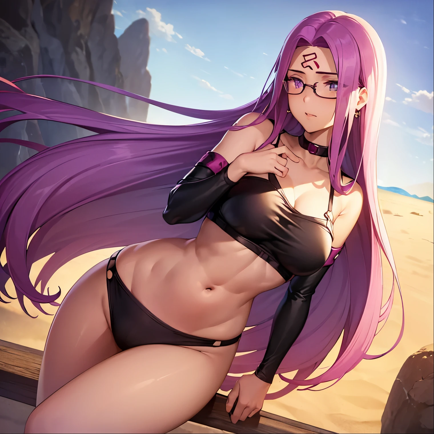 ((1girl)),((alone)), medusa (rider), (masterpiece), (best quality), (ultra detailed), (best illustration), (best shadow), (absurdities), sharp focus, shot cowboy, atmospheric perspective, depth of field, dynamic posture facing the viewer, large breasts, narrow waist, wide hips, wide thighs, round butt, erotic, romantic, (detailed eyes, lips 1.1), highly detailed eyes, eyes, face very detailed, very beautiful face, symmetrical face, aesthetic face, perfect face, perfect eyes, detailed eyelashes: 1.5), full height, beautiful slim figure, femininity, expressive appearance, elastic big breasts, sexuality, long hair, bright pink hair, very long hair, floating hair, extravagant hair, hair in the wind, gale, rising wind: 1.4), (silk ribbon in front, thin fabric: 1.3), earrings, filigree, glasses, (swimsuit:1.3 , black bikini: 1,2), bare shoulders, waist, navel, bare legs, simple choker: 1.1), brand on the forehead, pink|violet hair, pink decorations,), curves, defined body, perfect and beautiful body, perfect and beautiful, closed mouth, neutral expression, serious face, blushing, (sexy pose: 1.2), ((solo)), standing: 1.3, (beach, outdoor, light reflection, sea, clear sky, clouds, sunny, sand,)), looking forward,((focus on hips)), point of view:(from below), perfect anatomy, perfect hands