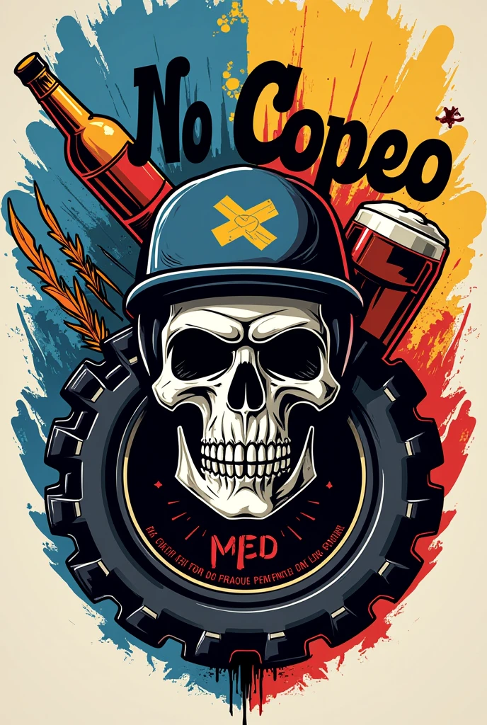 **Logo Creation for "No Copeo"**
We are looking for a logo design for a biker group called "No Copeo". The central idea of the logo is to combine several key elements:
- **Main elements**:
- A beer or a bottle of whiskey.
- A skull.
- The sign of medicine.
- A tire.
- **colors**: Must incorporate the blue colors, yellow and red, following the palette of the Colombian flag.
- **style**: Modern and biker style naker, with a touch that reflects the spirit of the group.
- **Name**: the text "No Copeo" should appear outside the logo, clearly legible