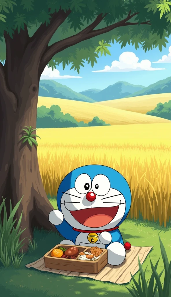 Doraemon sits at the base of a tree eating lunch with a happy face enjoying the distant view of the golden rice fields