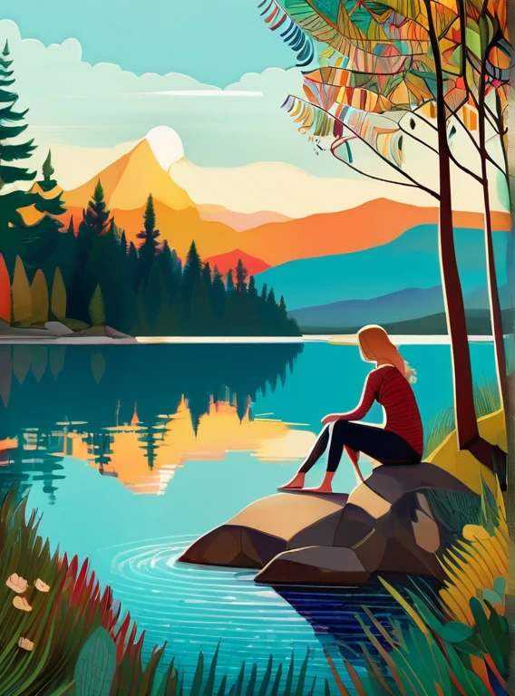 1 girl sitting near the shore,
trees
flat color 
lake
 detailed 
patterned background, 
(art by Jane Newland)