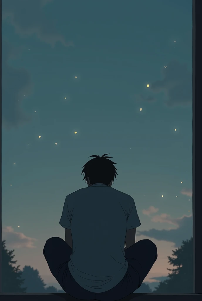 Sad man thinking about his father anime.back view 