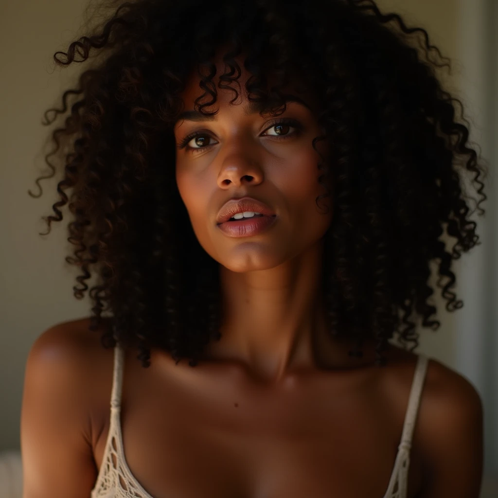 A dark skinned woman, curly hair. She has brown eyes, her complexion is illuminated by the daylight. She is in her underwear. She has full lips. The photo is hyperrealistic