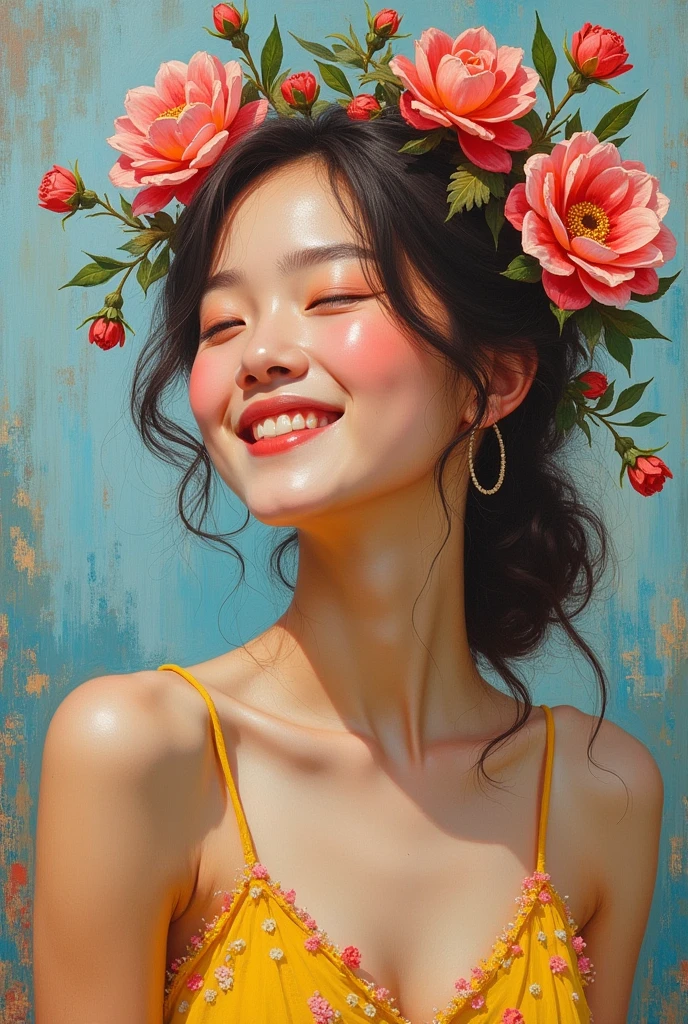 Beautiful woman flower , wearing a summer dress, perfect face, delicate face, vivid colors, happiness, Oil Painting, expressive brushwork, highly detailed, delicate details