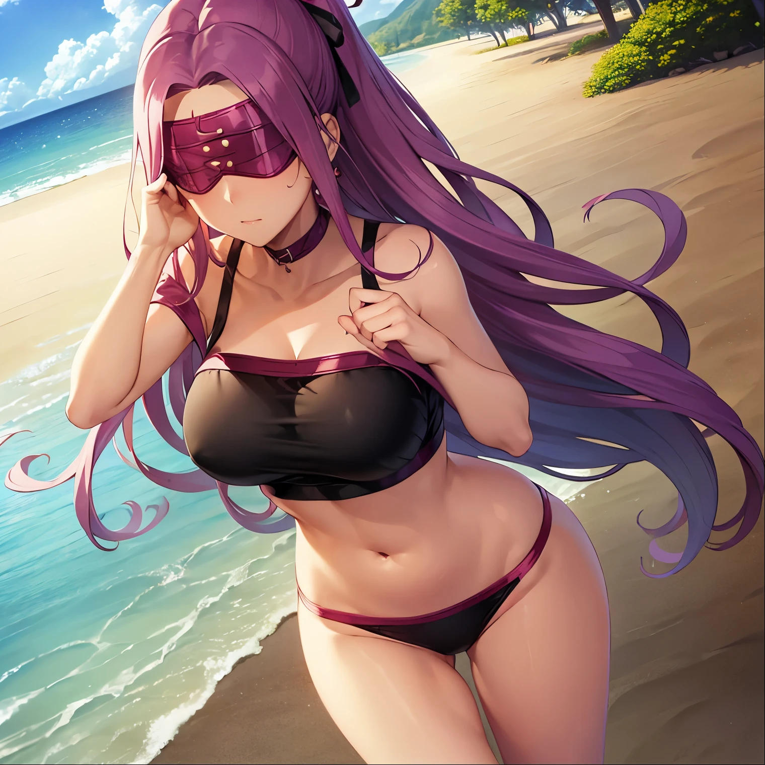 ((1girl)),((alone)), mesusa (rider), (masterpiece), (best quality), (ultra detailed), (best illustration), (best shadow), (absurdities), sharp focus, shot cowboy, atmospheric perspective, depth of field, dynamic posture looking at the viewer, big breasts, narrow waist, wide hips, wide thighs, round butt, erotic, romantic, (, lips 1.1), highly detailed eyes, covered eyes, blindfold eyes, very detailed face, very beautiful face, symmetrical face, aesthetic face, perfect face, perfect eyes, detailed eyelashes: 1.5), full height, beautiful slim figure, femininity, expressive appearance, elastic big breasts, sexuality, long hair, bright pink hair, very long hair, floating hair, extravagant hair, hair in the wind, gale, rising wind: 1.4), (silk ribbon in front, thin fabric: 1.3), earrings, filigree, (swimsuit :1.3, black bikini: 1,2), bare shoulders, waist, navel, bare legs, simple choker: 1.1), brand on the forehead, pink|violet hair, pink decorations,), curves, defined body, perfect and beautiful body, perfect and beautiful, closed mouth, neutral expression, serious face, blushing, (sexy pose: 1.2), ((solo)), standing: 1.3, (beach, outdoor, light reflection, sea, clear sky, clouds, sunny, sand,)), looking forward,((focus on breasts)), point of view:(from Middle), perfect anatomy, perfect hands