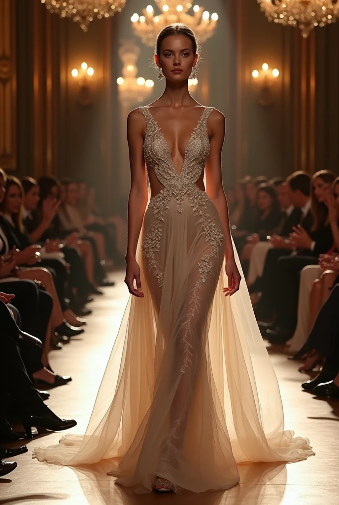 Photos of the fashion show,Carmen Dale Oliphis,Supermodel, Wearing a semi-bright long dress, Stars and seas,Rich,opulent,floating long dress,inside in room:Catwalk scene, Long-range shooting, Photo texture.eCreate this image