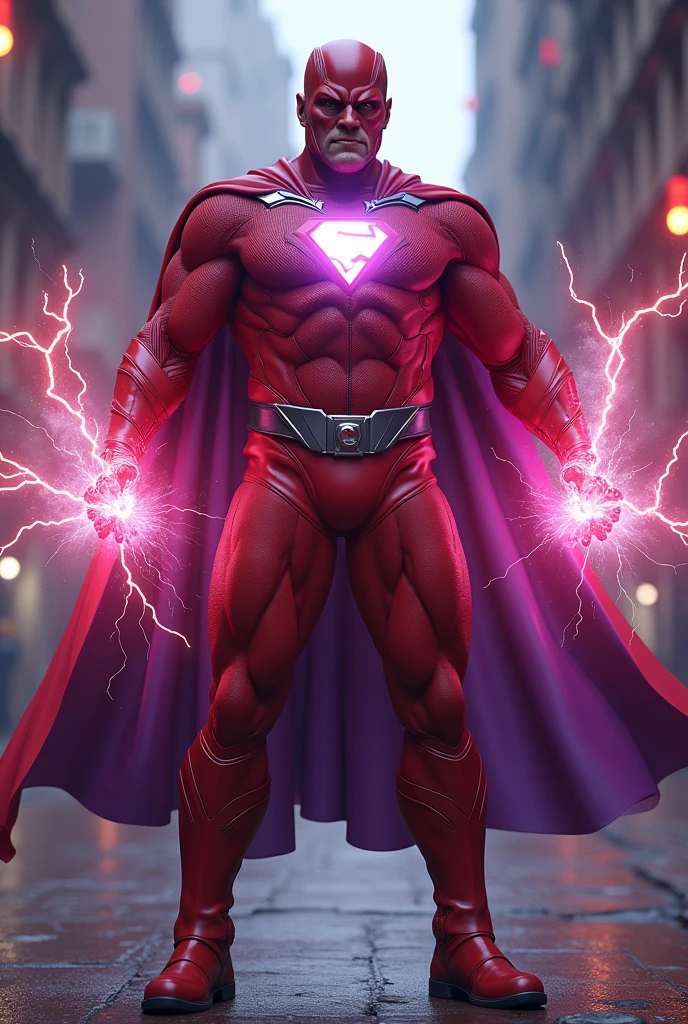 A middle-aged muscular man with a red superhero helmet, red suit, purple belt, gloves and boots, purple cape, electricity and magnetic field effects, intricate details, cinematic lighting, 8k, photorealistic, concept art