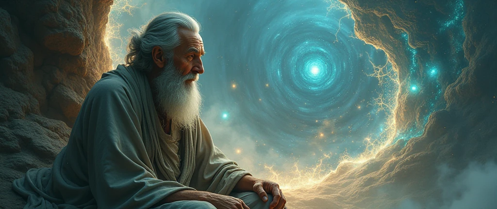 mysterious background that emits wisdom, with a wise old man nearby