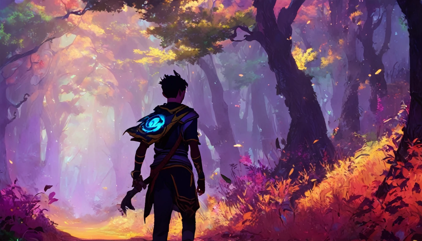 a human boy walking in a dense forest, NIGHT, high fantasy RPG style, League of Legends-inspired art style, dynamic poses, detailed facial features, cinematic lighting, vibrant colors, dramatic atmosphere, gritty realism, masterpiece, best quality, ultra-detailed, VALORANT