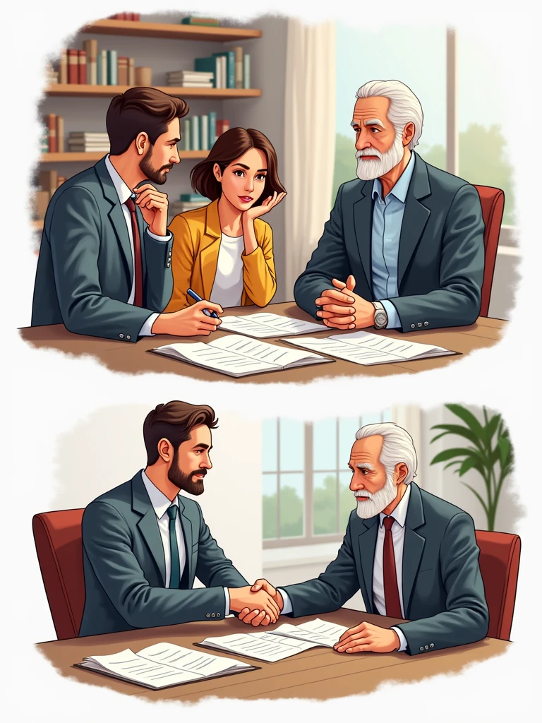 make 3 different graphs , Graphic 1 person requesting advice with two advisors , Graphic 2: Person reviewing a document , Graphic 3: Happy person with a new deal