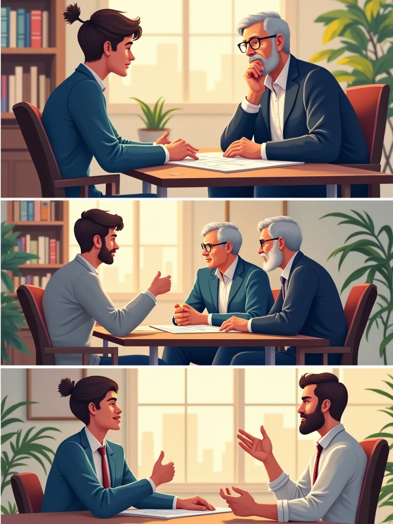 make 3 different graphs , Graphic 1 person requesting advice with two advisors , Graphic 2: Person reviewing a document , Graphic 3: Happy person with a new deal