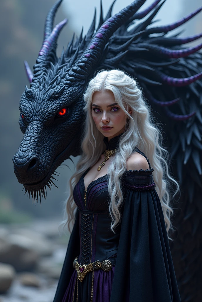 Alicia Agneson as Targaryen, violet eyes, wavy fur, and next to it a large black welsh dragon, deep red eyes, shiny blue and purple scales