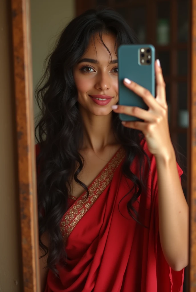 Beautiful girl with wavy long hair holding iphone, mirror selfi, indian looks, red saree, 16 years,