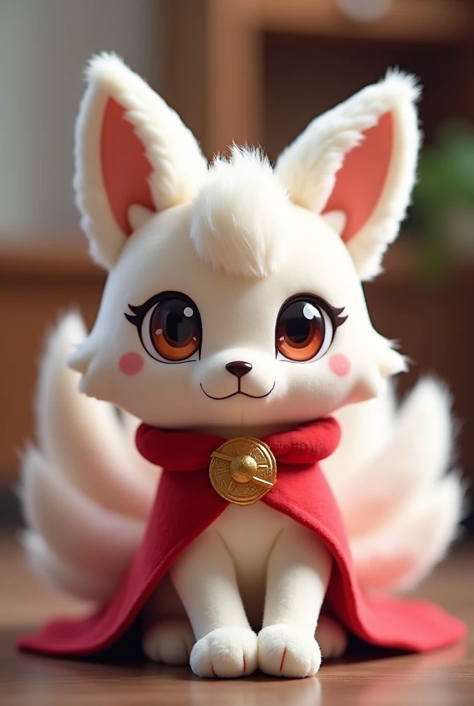 Create a detailed and realistic image of a plush toy designed to look like Ahri from League of Legends. The plush should be about 40 cm tall with a soft, rounded appearance. Ahri should have her iconic nine tails, each tail approximately 15 cm long, arranged around the back in a fan shape. The plush toy should feature large, expressive eyes, soft fabric for the fur, and intricate details like Ahri’s ears, which are about 8 cm long, and her outfit inspired by her in-game appearance, with a mini red robe and gold accents. The design should be cute and huggable, using high-quality materials like minky or plush fabric. The color palette should include soft whites, creams, and accents of red and gold for the outfit. The final image should make the plush toy look appealing, comfortable, and collectible.