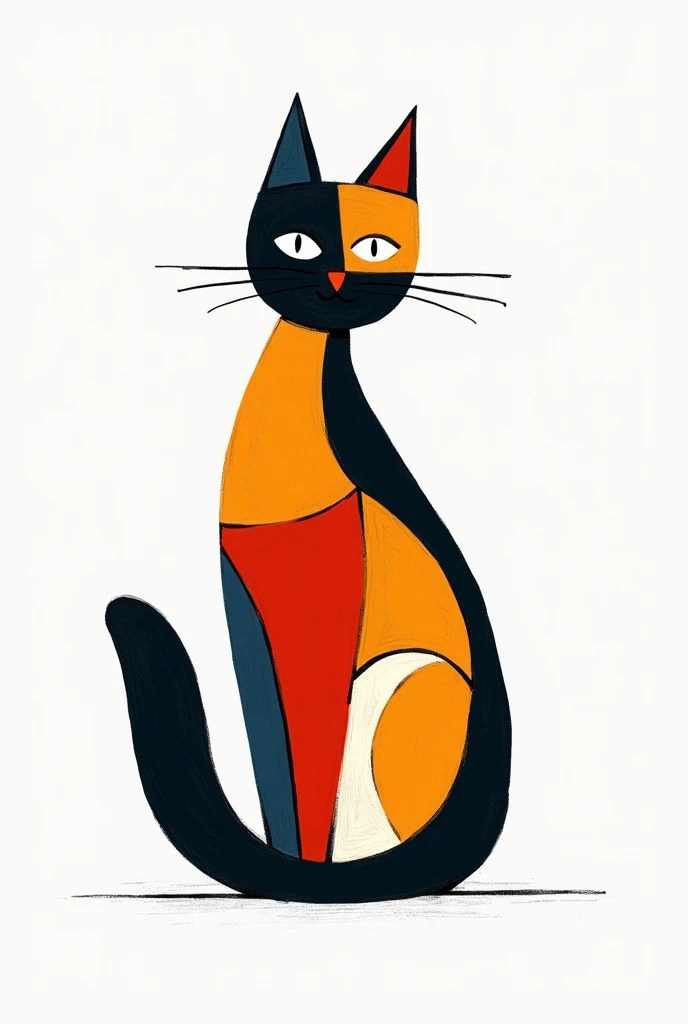 a hand drawn two colored cat on a white background in the style of Pieter Mondriaan