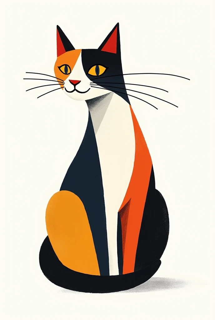 a hand drawn two colored cat on a white background in the style of Pieter Mondriaan