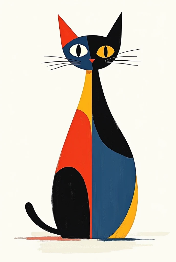 a hand drawn two colored cat on a white background in the style of Pieter Mondriaan