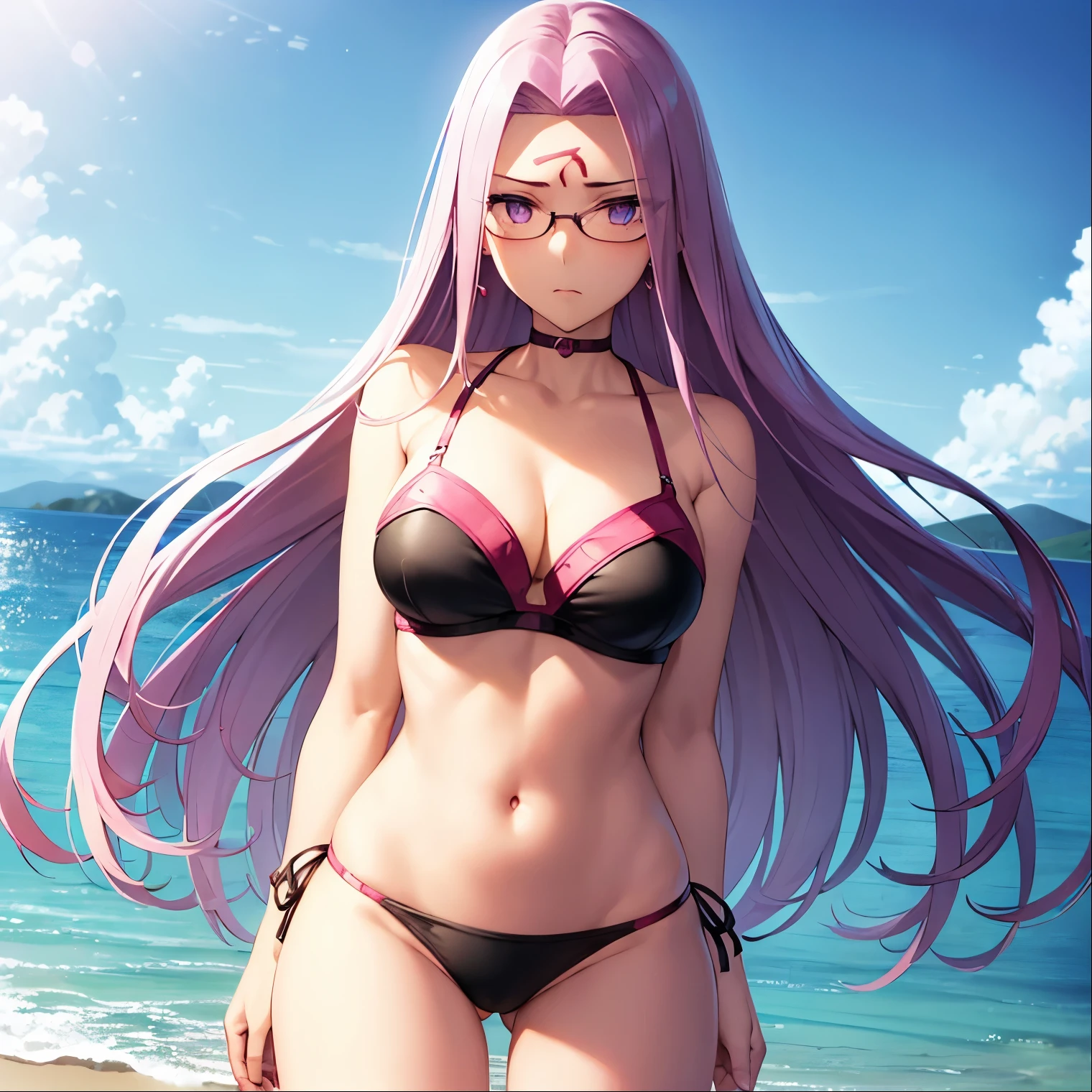 ((1girl)),((alone)), medusa (rider), (masterpiece), (best quality), (ultra detailed), (best illustration), (best shadow), (absurdities), sharp focus, shot cowboy, atmospheric perspective, depth of field, dynamic posture facing the viewer, large breasts, narrow waist, wide hips, wide thighs, round butt, erotic, romantic, (detailed eyes, lips 1.1), highly detailed eyes, eyes, face very detailed, very beautiful face, symmetrical face, aesthetic face, perfect face, perfect eyes, detailed eyelashes: 1.5), full height, beautiful slim figure, femininity, expressive appearance, elastic big breasts, sexuality, long hair, bright pink hair, very long hair, floating hair, extravagant hair, hair in the wind, gale, rising wind: 1.4), (silk ribbon in front, thin fabric: 1.3), earrings, filigree, glasses, (swimsuit:1.3 , black bikini: 1,2), bare shoulders, waist, navel, bare legs, simple choker: 1.1), brand on the forehead, pink|violet hair, pink decorations,), curves, defined body, perfect and beautiful body, perfect and beautiful, closed mouth, neutral expression, serious face, blushing, (sexy pose: 1.2), ((solo)), standing: 1.3, (beach, outdoor, light reflection, sea, clear sky, clouds, sunny, sand,)), looking forward,((focus on breasts)), point of view:(from Middle), perfect anatomy, perfect hands