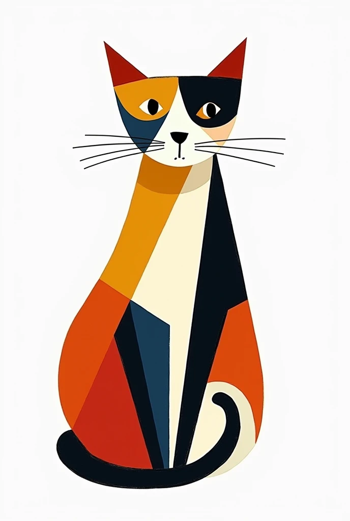 a hand drawn two colored cat on a white background in the style of Pieter Mondriaan