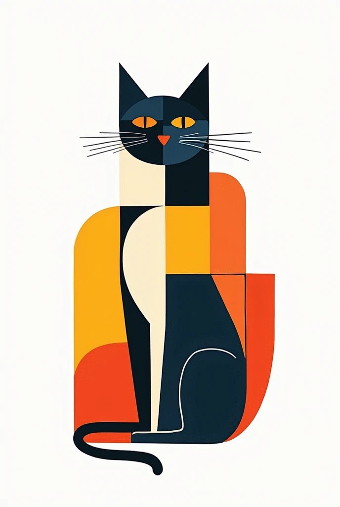 a hand drawn two colored cat on a white background in the style of Pieter Mondriaan